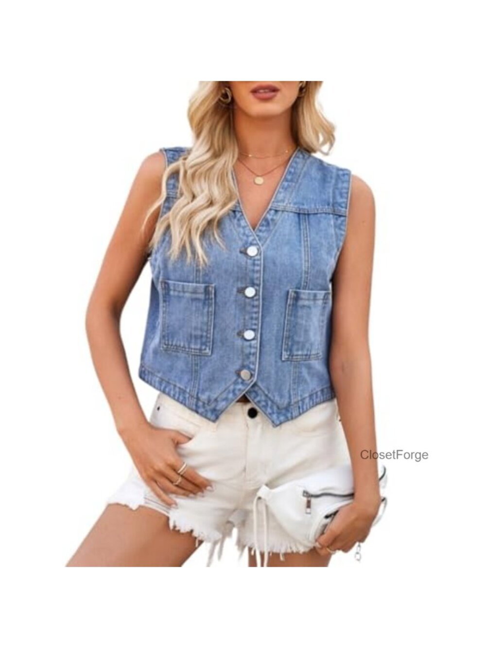 Y2K Denim Vest Top Women Sleeveless V Neck Buttons Waistcoat Cowgirl Jean